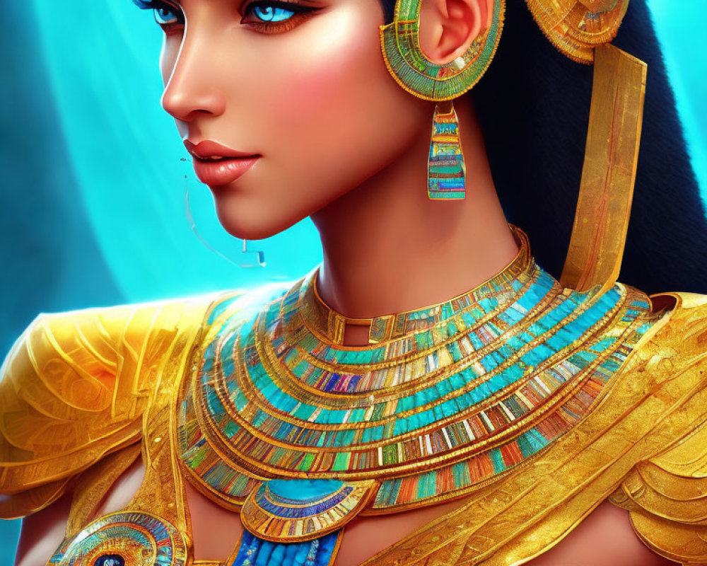 Digital artwork: Woman in Ancient Egyptian headdress and jewelry on blue background