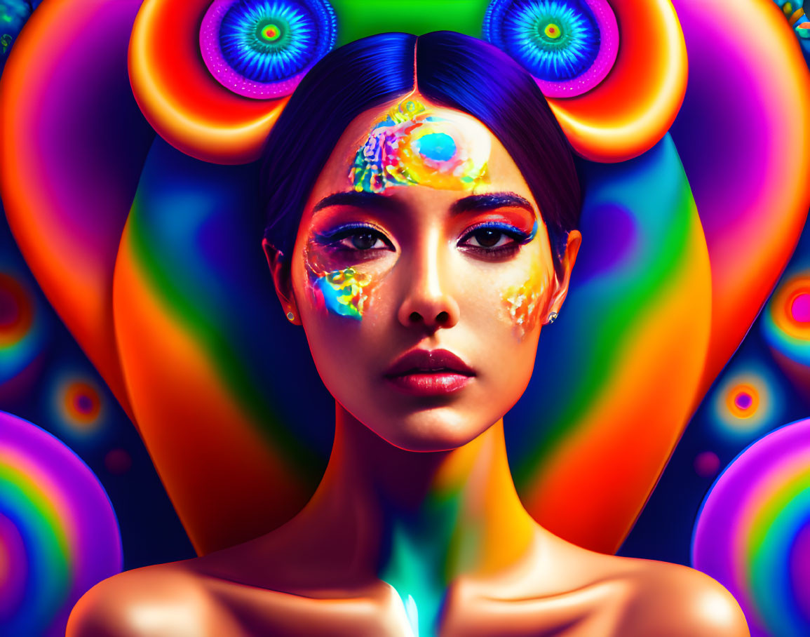 Vibrant digital portrait of a woman with psychedelic makeup