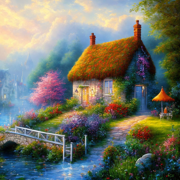 Quaint cottage with thatched roof and vibrant garden by river at sunset