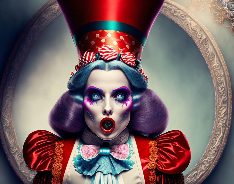 Person with Dramatic Clown-Like Makeup and Red Top Hat in Stylized Image