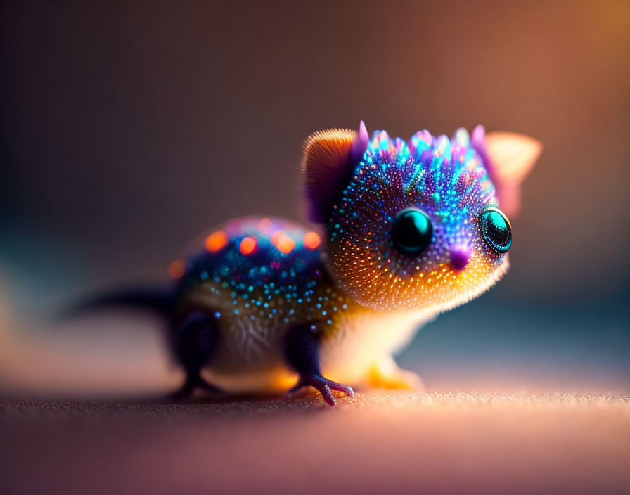 Colorful Glittering Fantasy Creature with Large Eyes on Warm Background