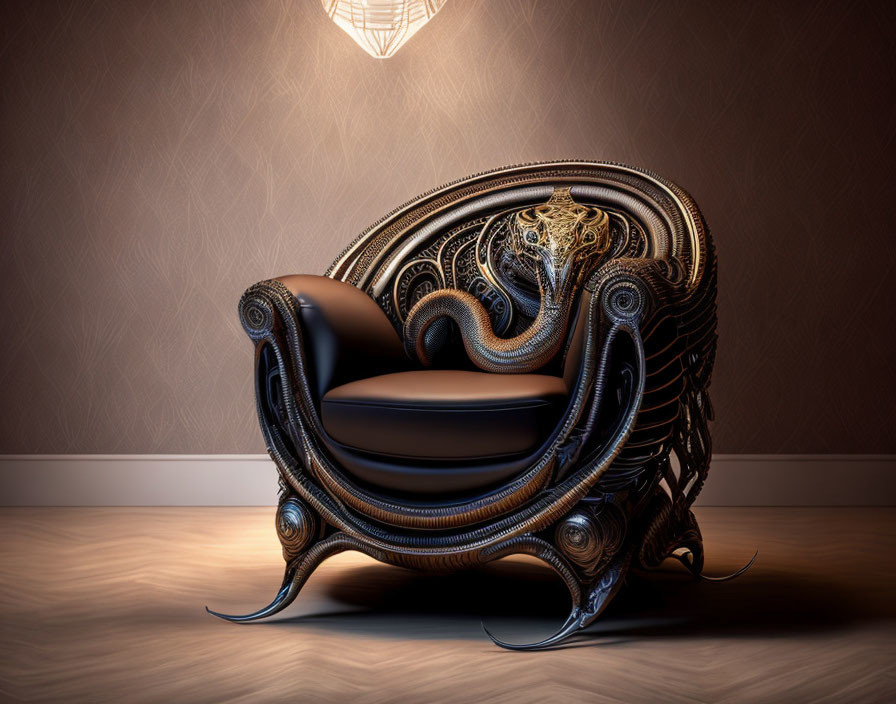 Baroque-style Armchair with Swirling Designs in Dimly Lit Room