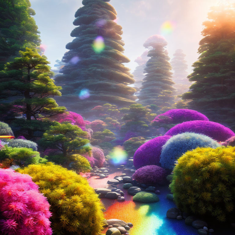 Colorful landscape with spiral trees, rainbow river, and lens-flare sky