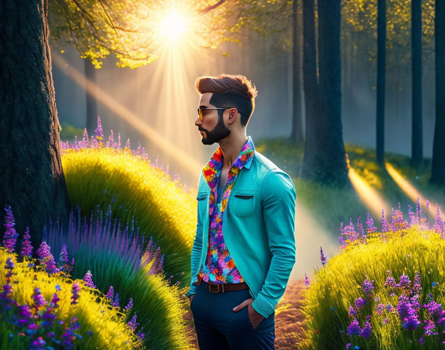 Man in Turquoise Jacket and Floral Shirt in Sunlit Forest with Purple Flowers