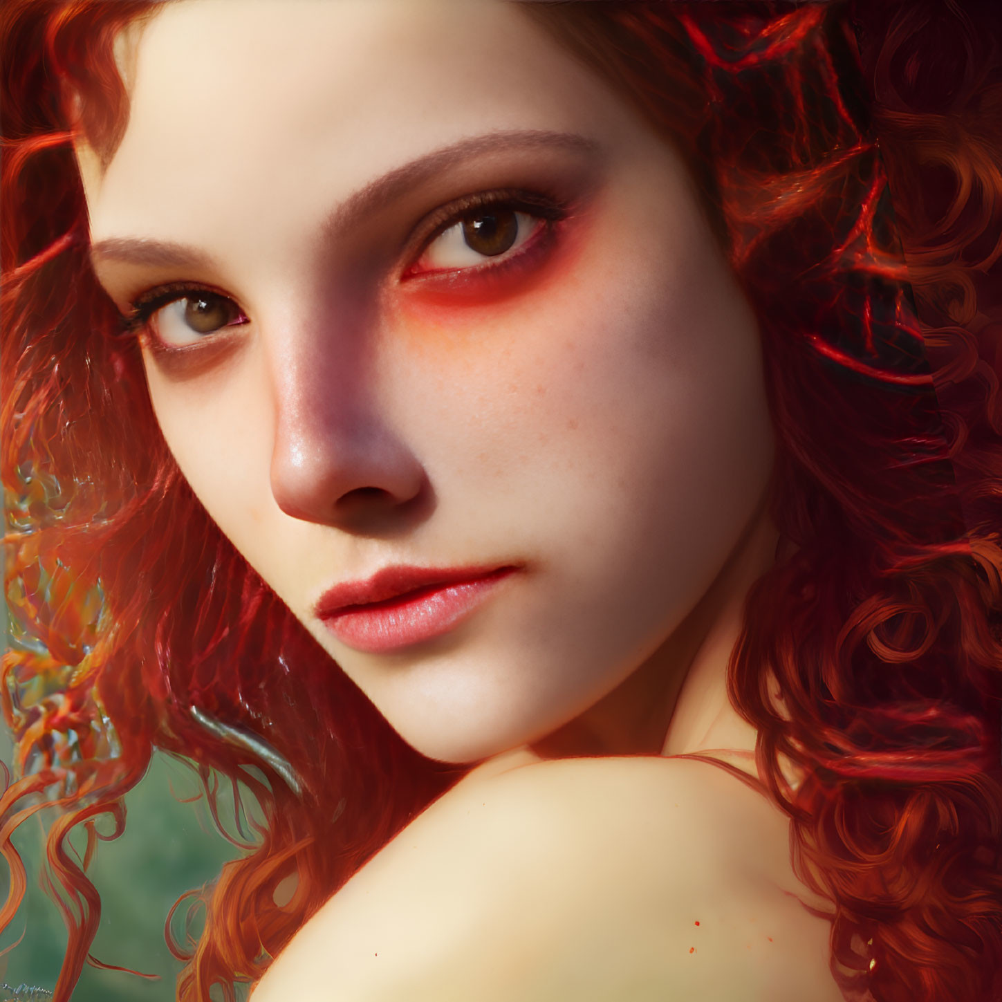 Intense gaze and radiant red hair in soft-focus portrait