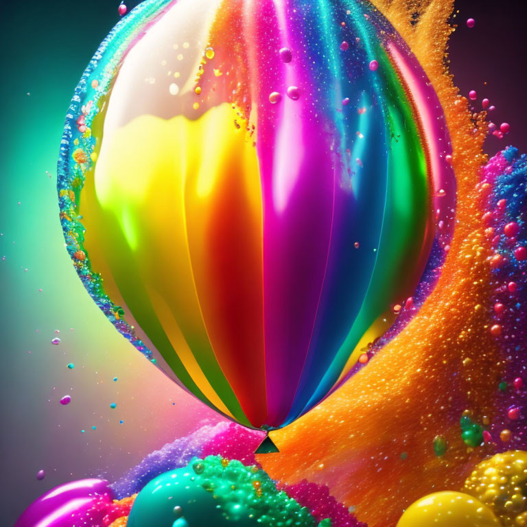 Colorful Glossy Hot Air Balloon Surrounded by Multicolored Droplets