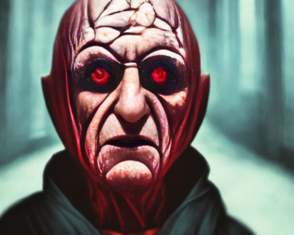 Sinister character with red eyes, hooded cloak, and wrinkled skin