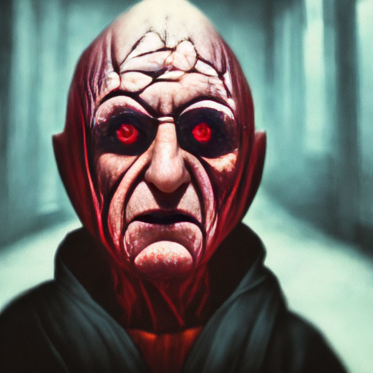 Sinister character with red eyes, hooded cloak, and wrinkled skin