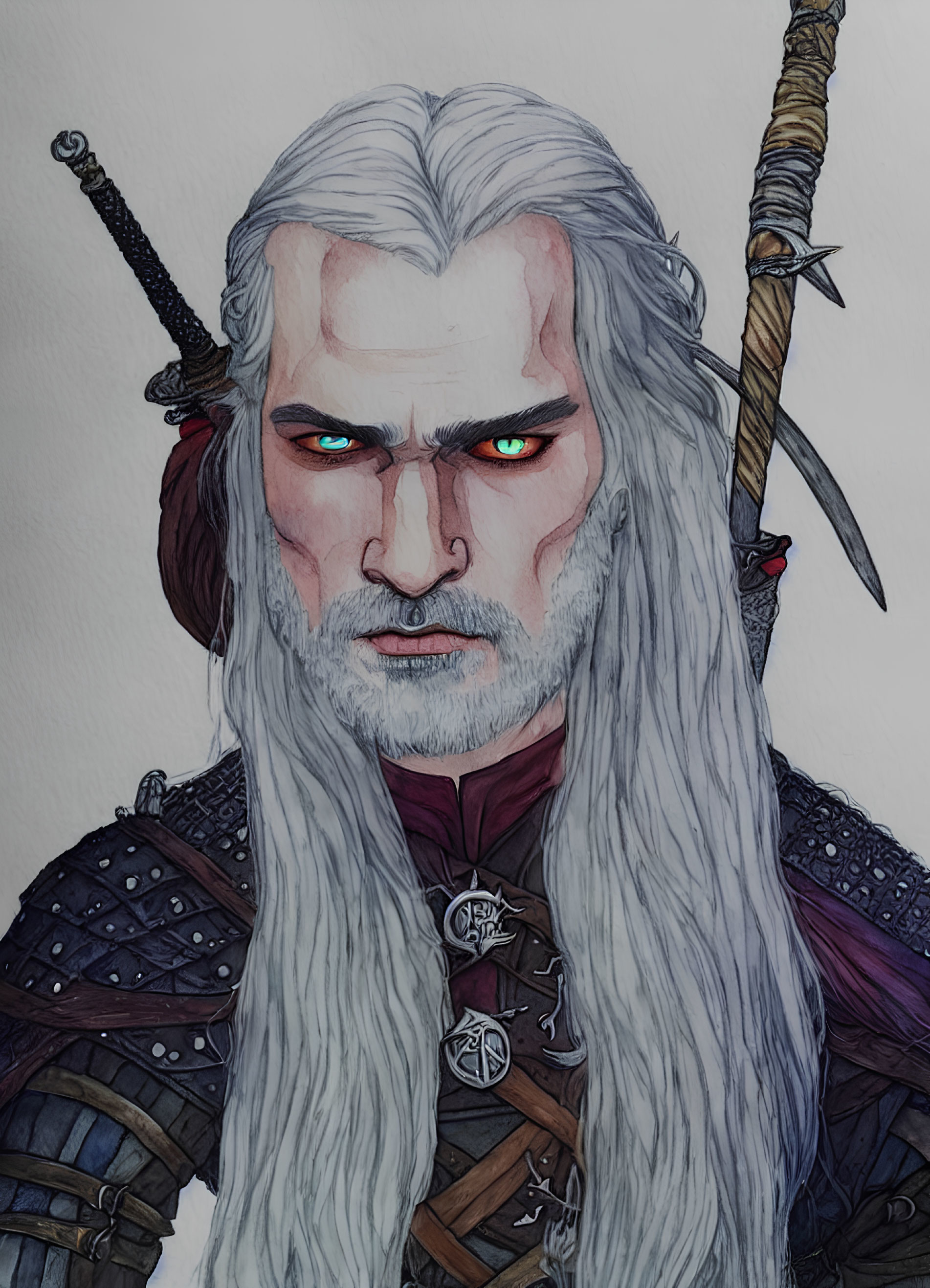 Fantasy warrior with white hair, amber eyes, dual swords, and dark armor