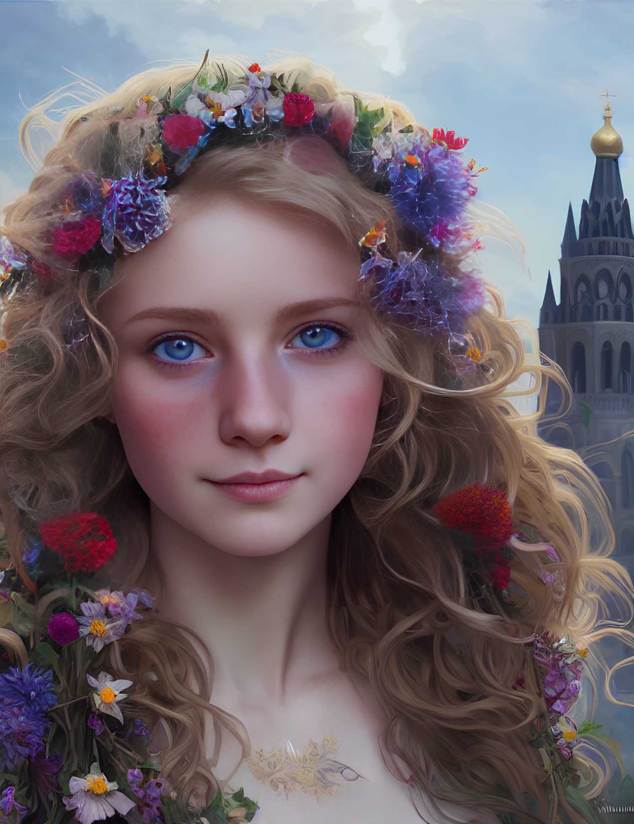 Young woman with blue eyes and floral crown in digital portrait