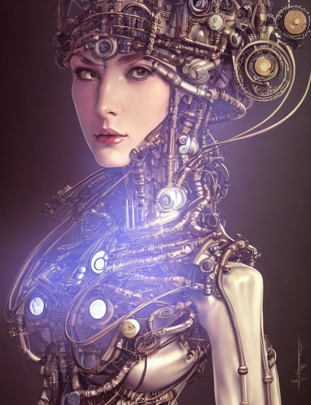 Female Cyborg Digital Artwork with Mechanical Parts on Monochrome Background