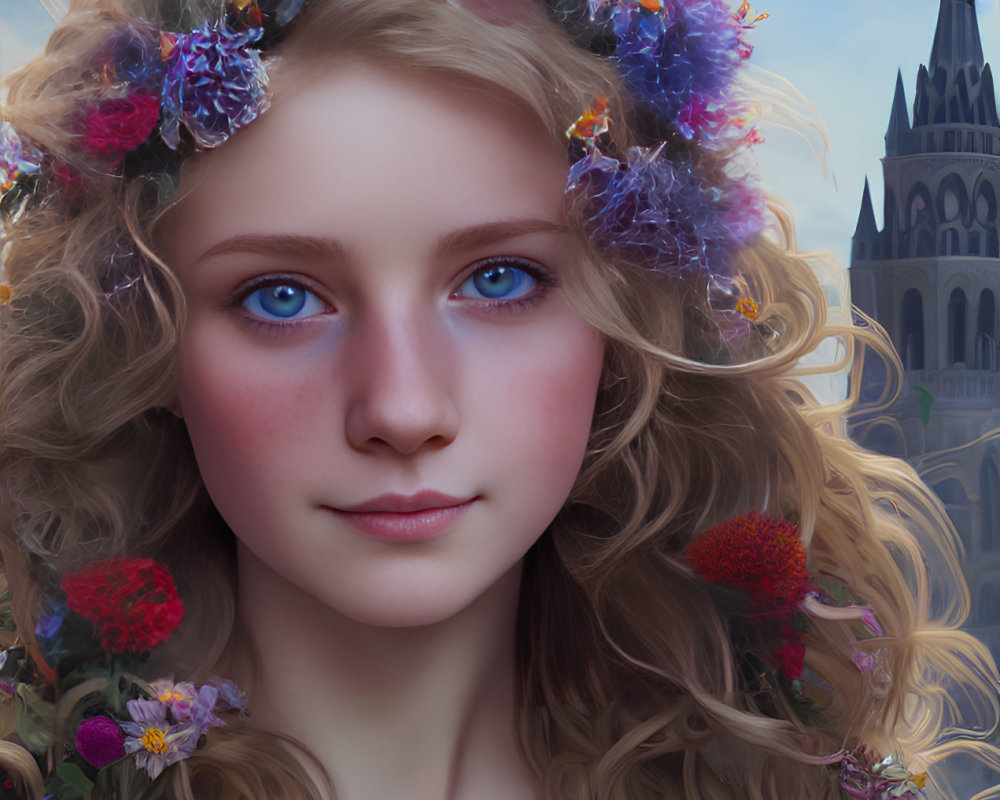 Young woman with blue eyes and floral crown in digital portrait