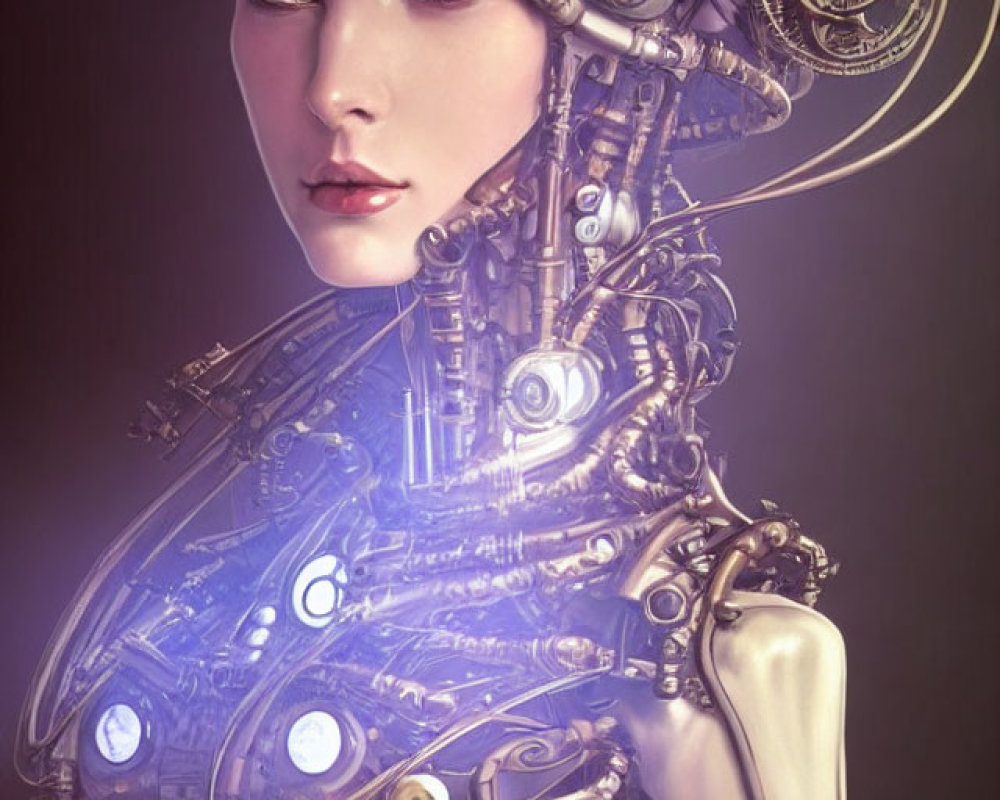 Female Cyborg Digital Artwork with Mechanical Parts on Monochrome Background