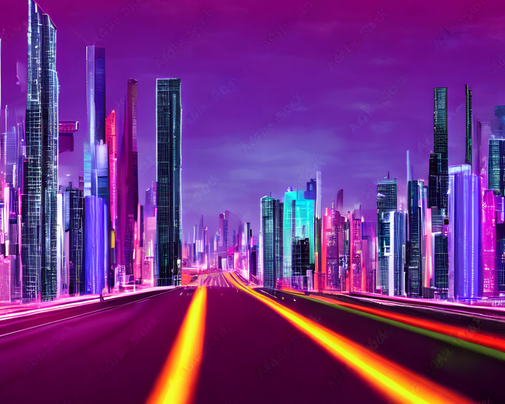 Neon-lit skyscrapers in vibrant futuristic cityscape