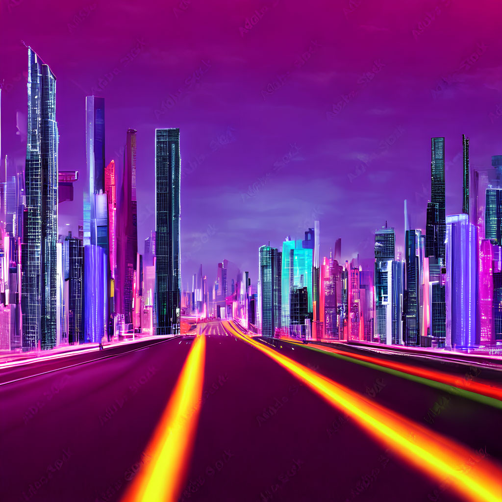 Neon-lit skyscrapers in vibrant futuristic cityscape