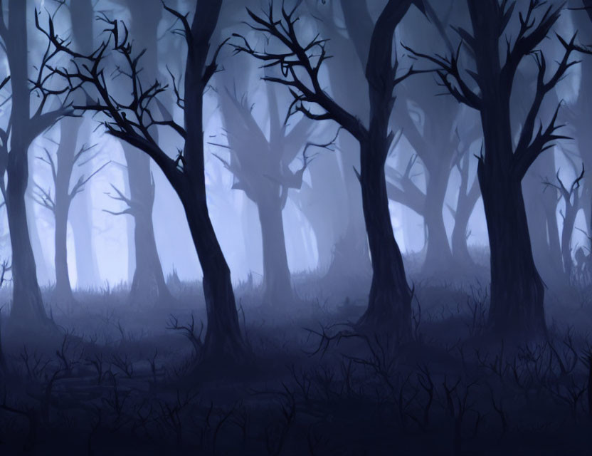 Eerie forest scene with bare trees in blue fog