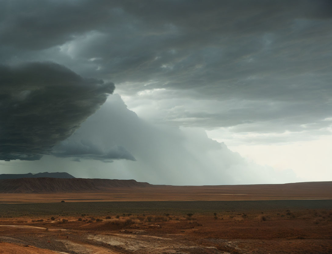 Dramatic desert landscape under stormy sky with sunlight and rain.