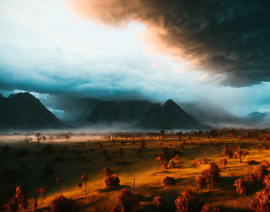 Dramatic landscape: Sunlit fields, stormy clouds, rugged mountains at dusk or dawn