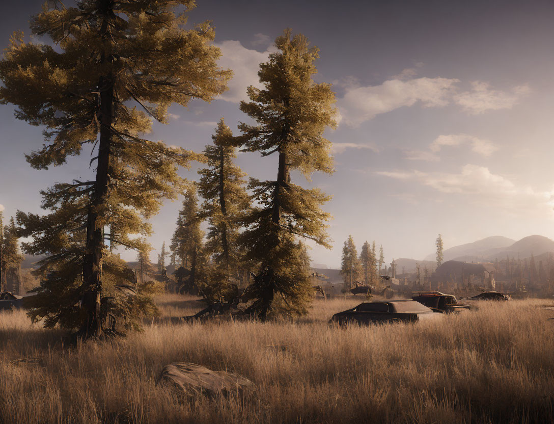 Tranquil wilderness landscape with tall pine trees, grassy field, mountains, and rustic cabins