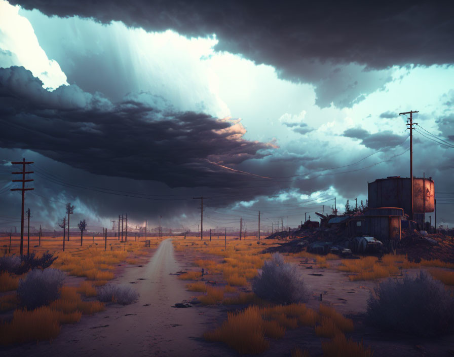 Desolate road under stormy sky with dilapidated buildings and power lines