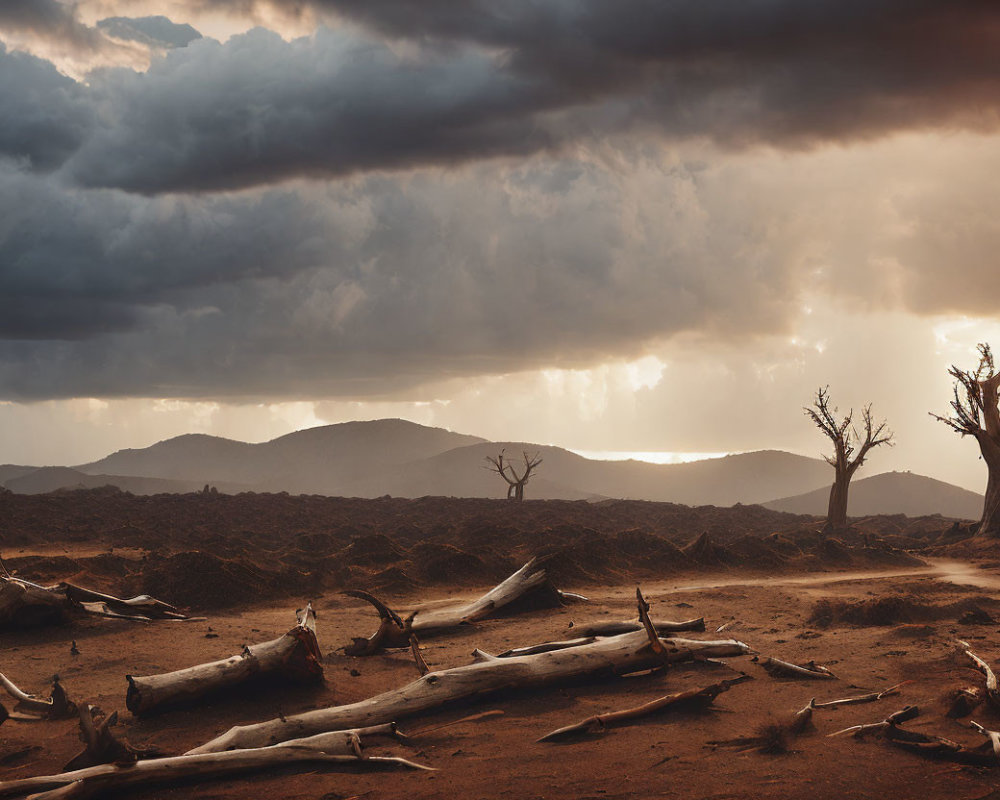 Dark Clouds Over Desolate Field with Dead Trees