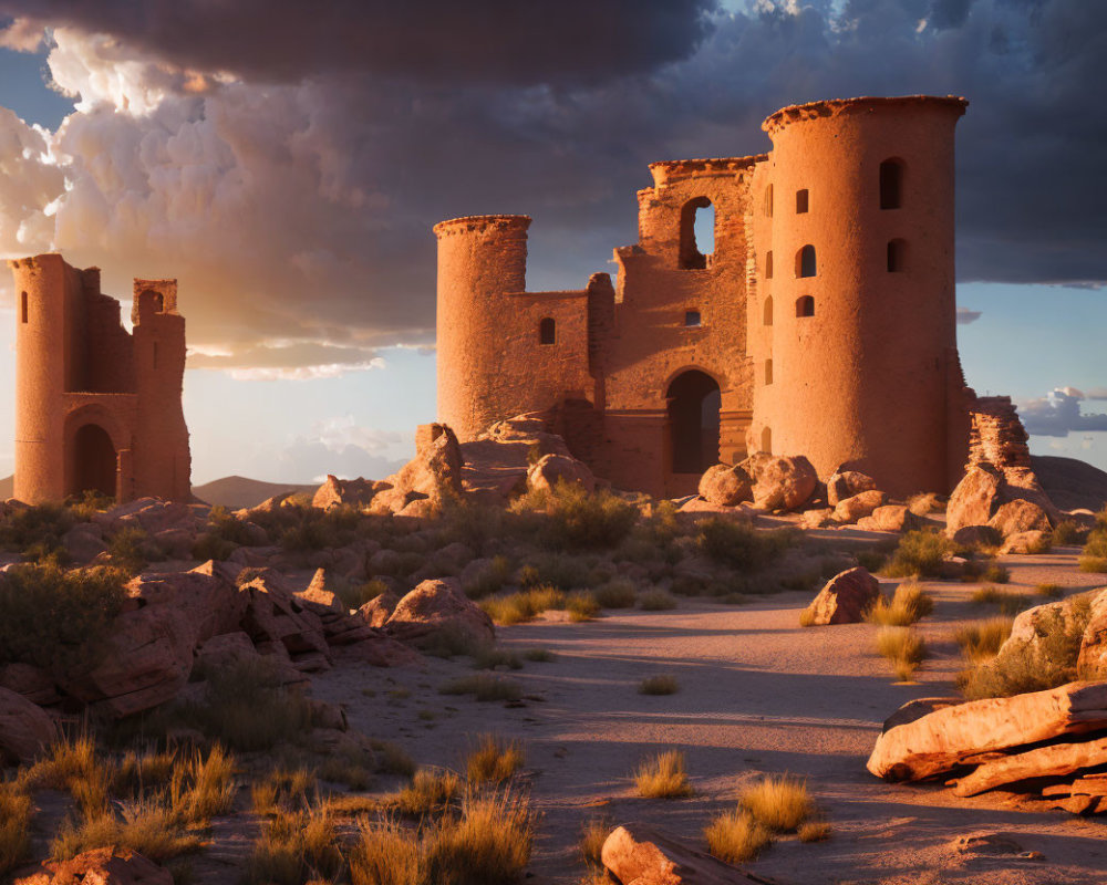 Ancient desert ruins at sunset with towering walls and arches