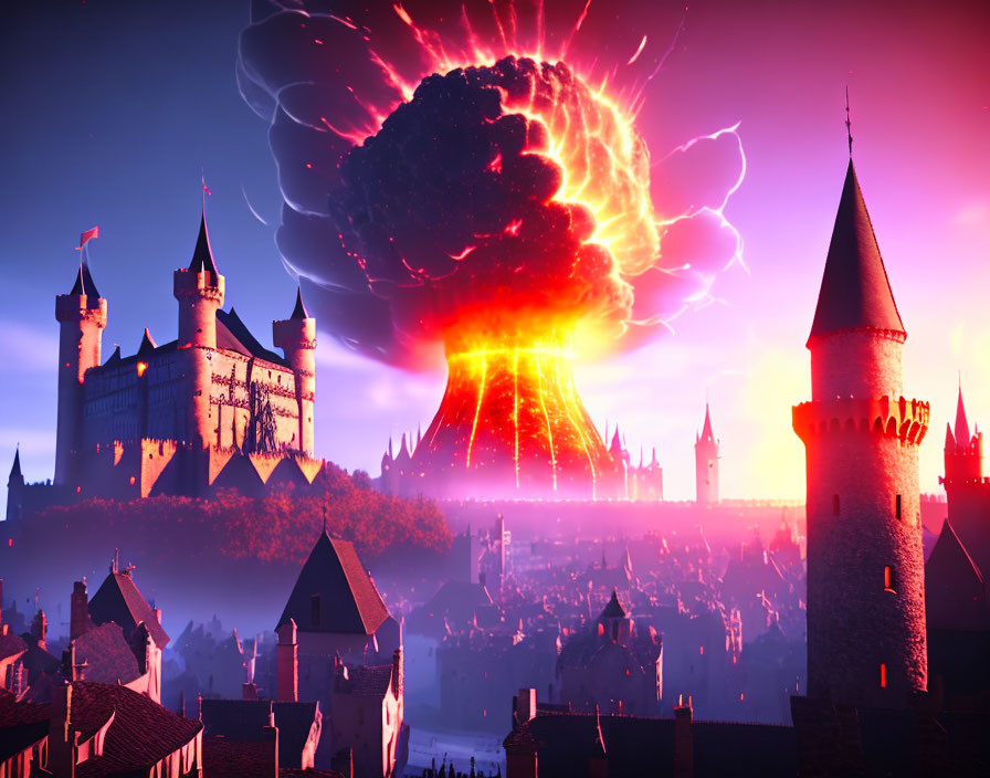 Fiery mushroom cloud explosion behind medieval castle at sunset