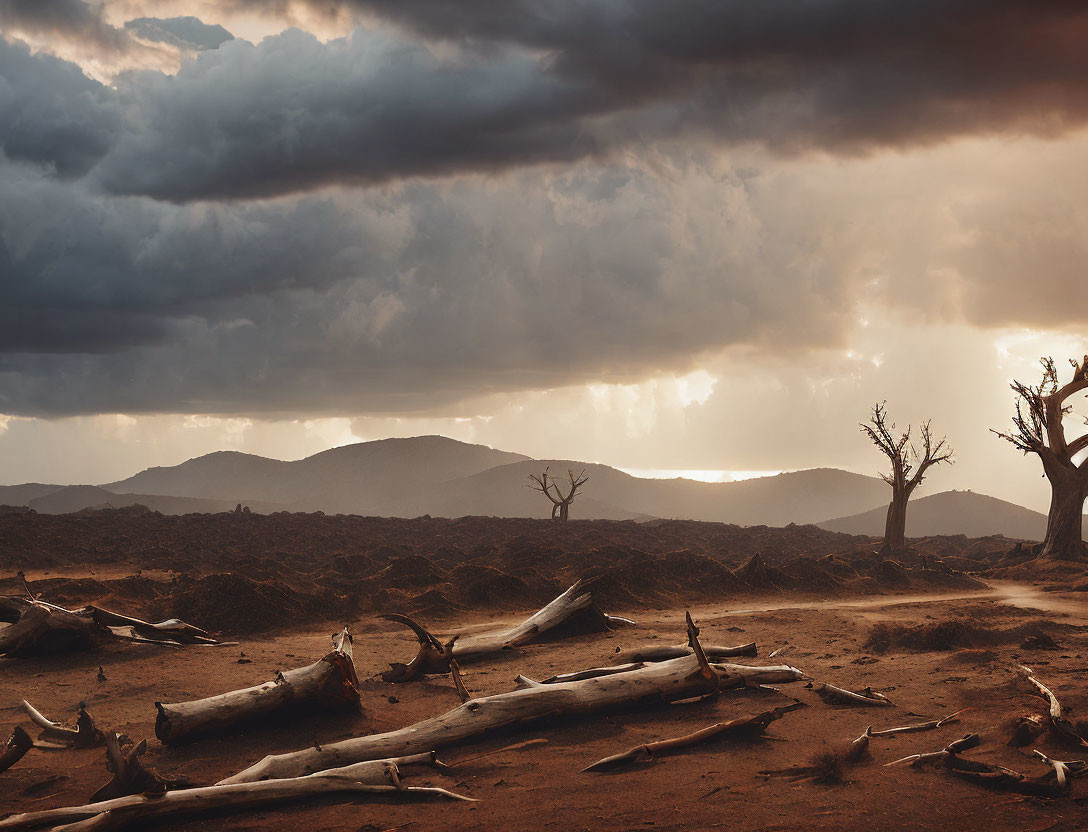 Dark Clouds Over Desolate Field with Dead Trees