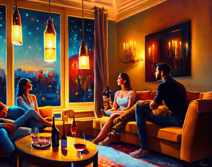 Cozy living room scene with vibrant paintings, people chatting over wine, city view.