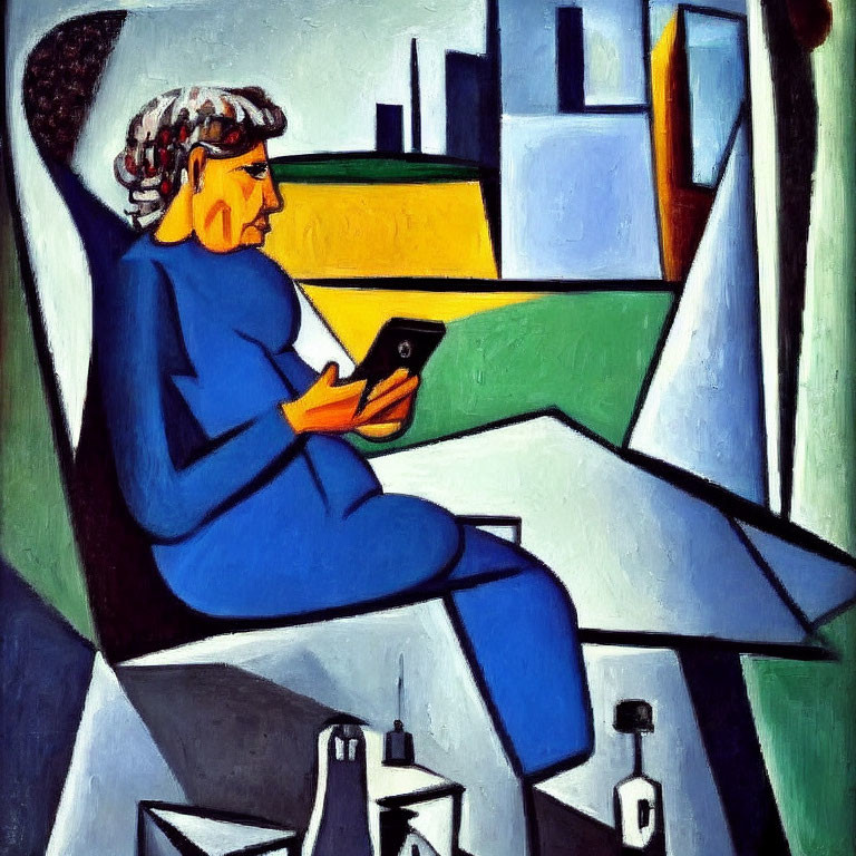 Cubist-style painting of person reading book in blue with abstract shapes