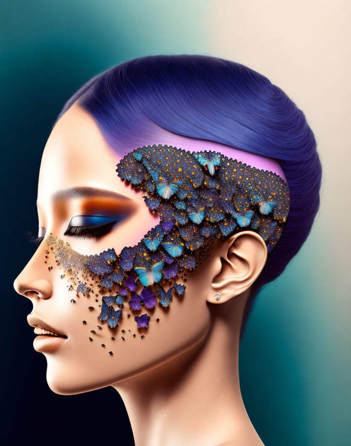 Vibrant makeup and butterfly jewel mask on woman's side profile