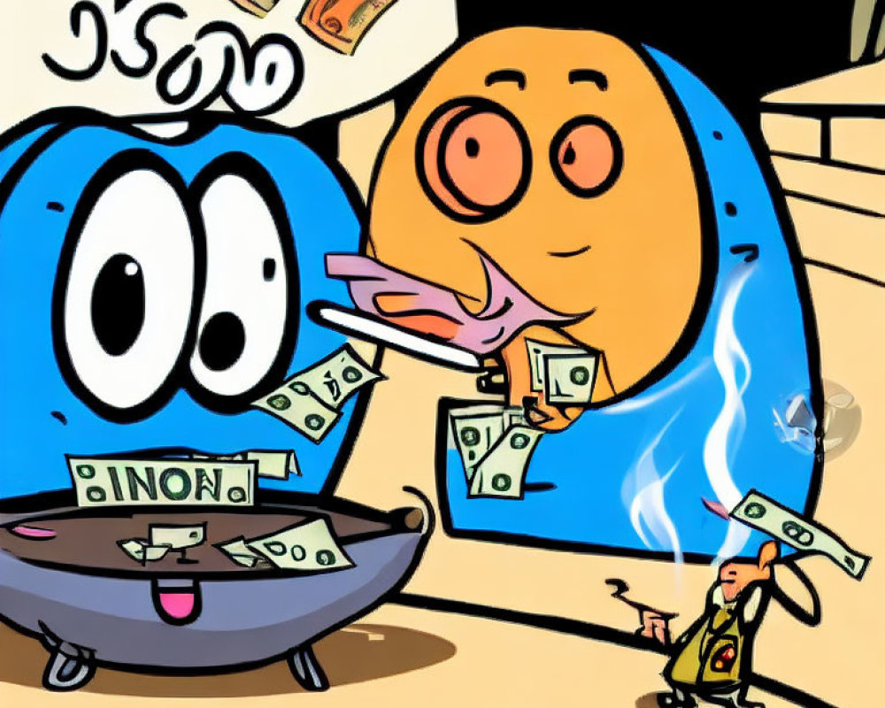 Blue character near heated pot of money with orange character excitedly looking on