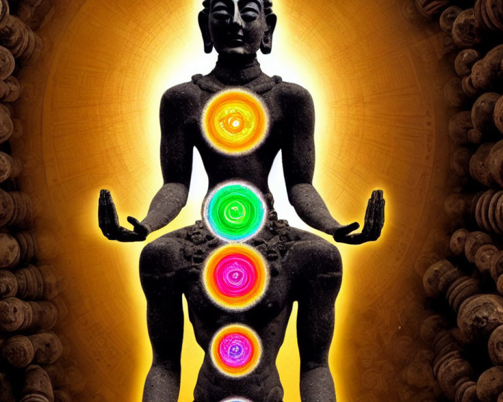 Seated Buddha statue with seven colored chakras on golden background