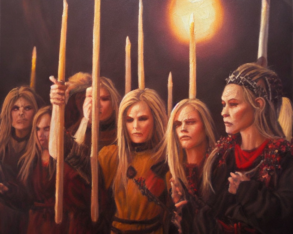 Medieval individuals in grave attire with spears under red sky