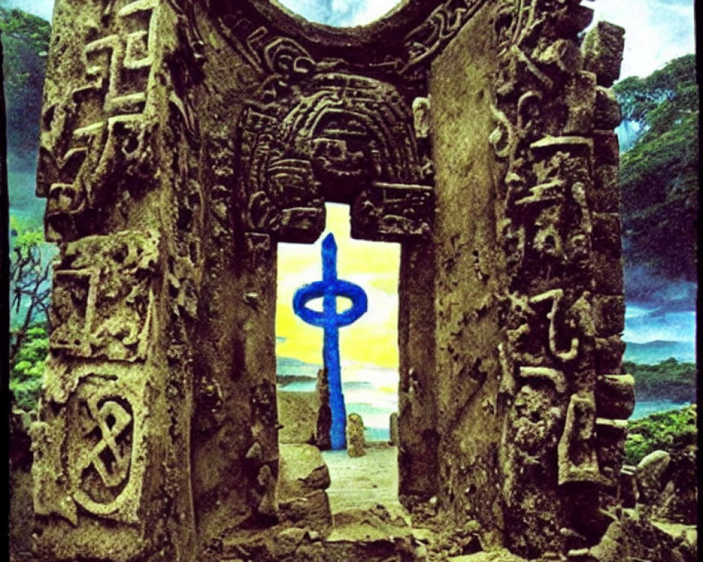 Ancient stone archway with carvings, cross, colorful sky, and lush greenery