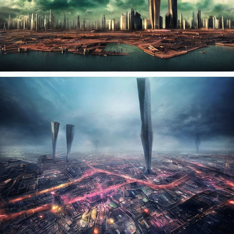 Futuristic cityscape with towering skyscrapers and illuminated streets