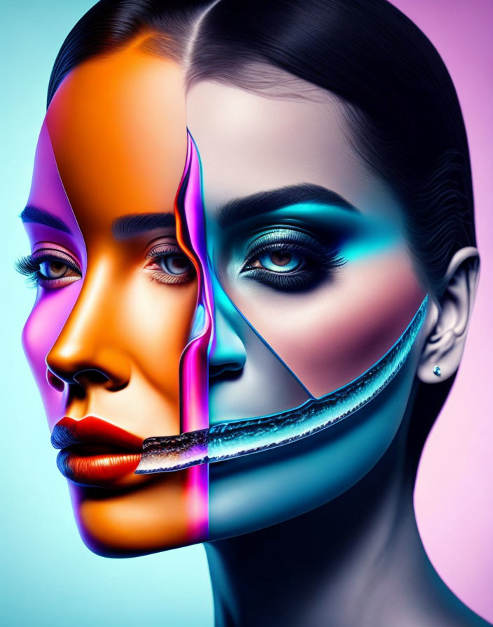 Digital artwork: Woman with split face revealing colorful metallic layer