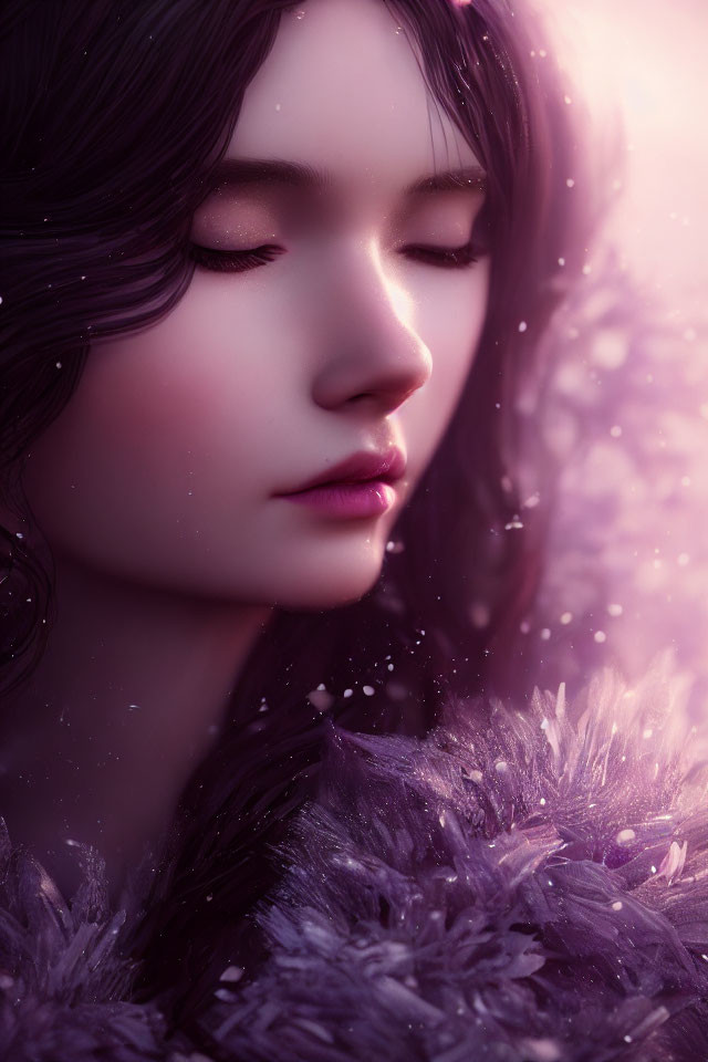 Serene woman with dark hair in soft purple hue and snowflakes