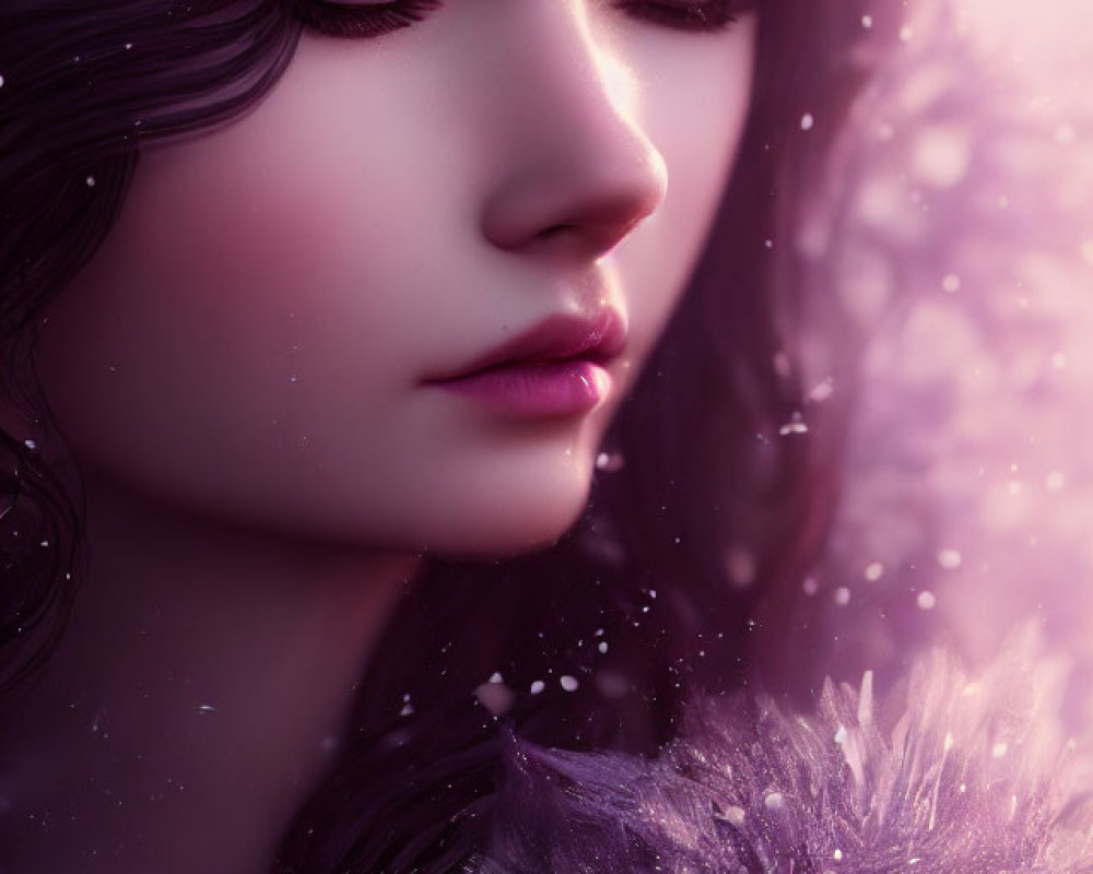 Serene woman with dark hair in soft purple hue and snowflakes