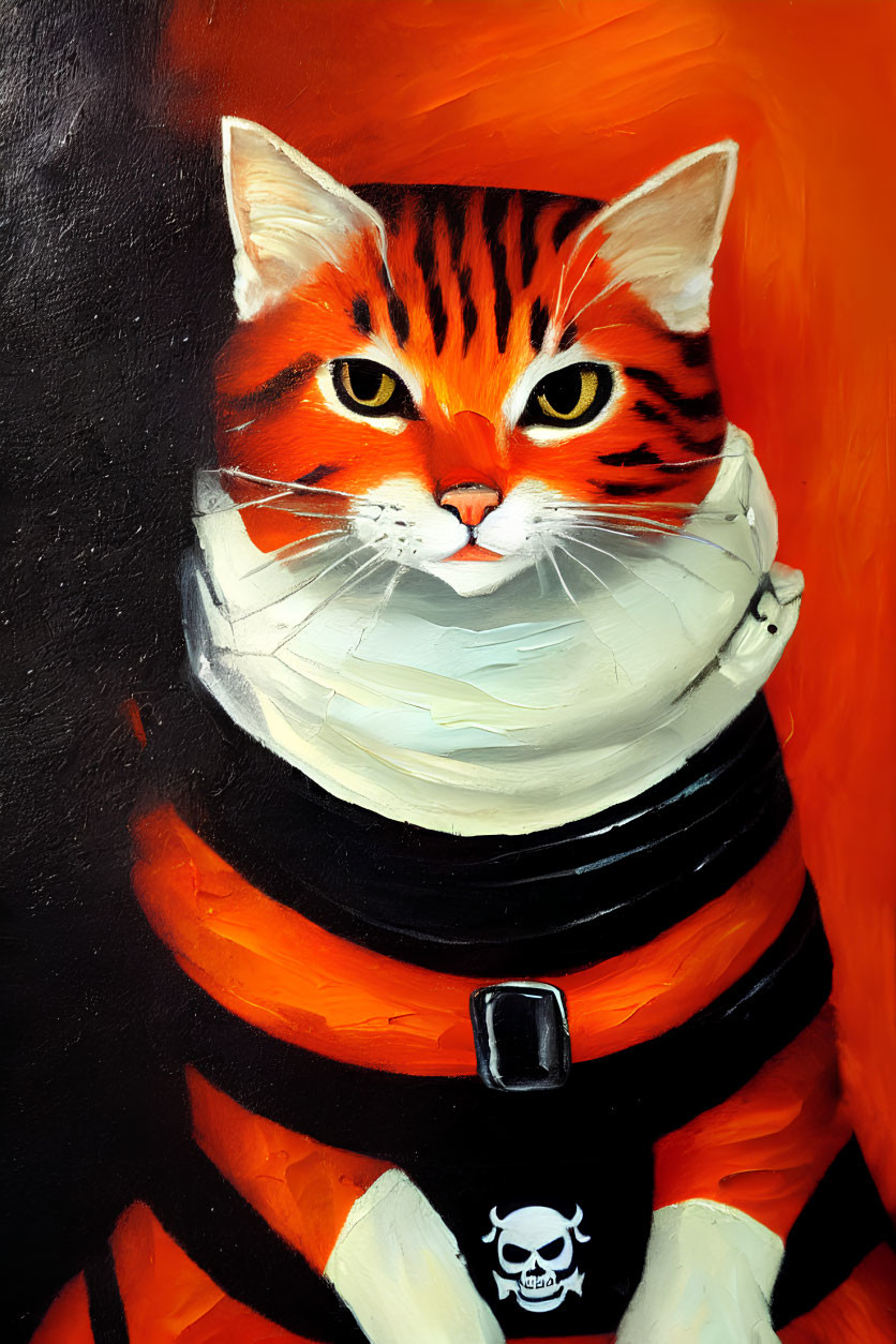 Colorful painting of cat in astronaut suit with skull emblem