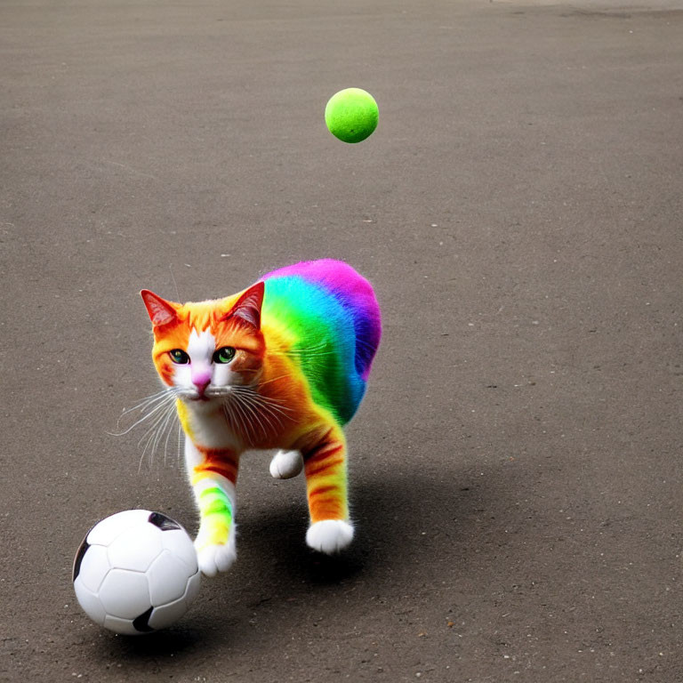 Digitally altered cat image with rainbow colors playing soccer and tennis ball