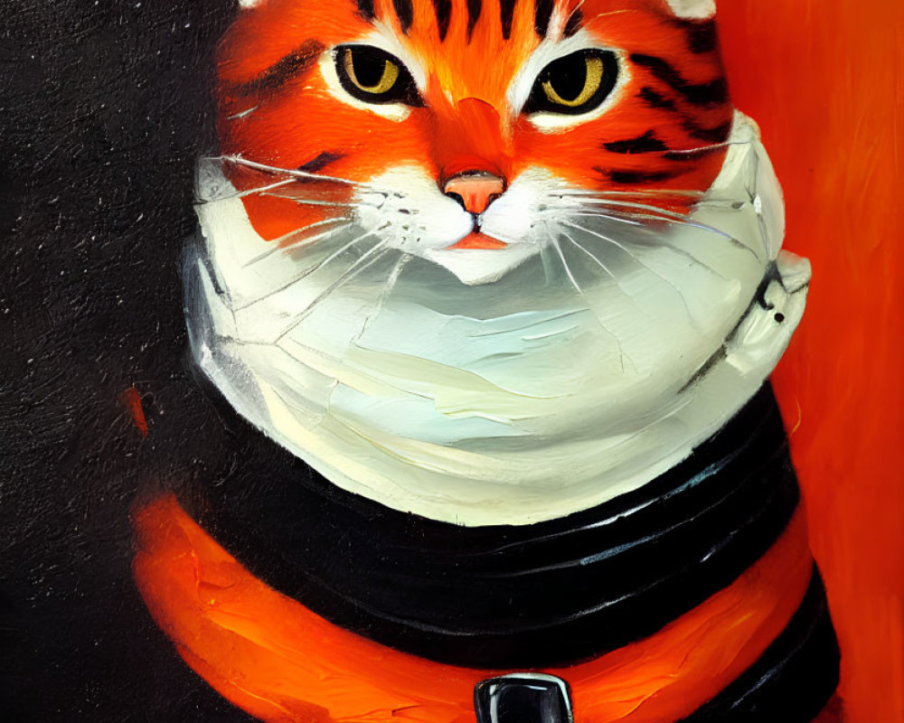 Colorful painting of cat in astronaut suit with skull emblem