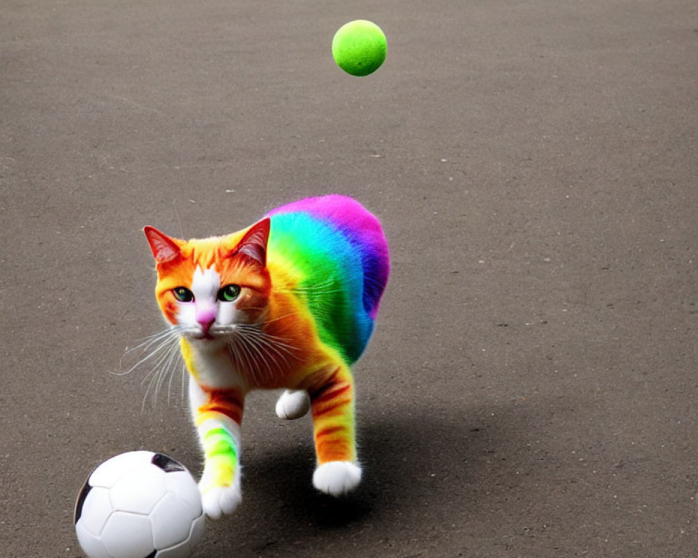 Digitally altered cat image with rainbow colors playing soccer and tennis ball