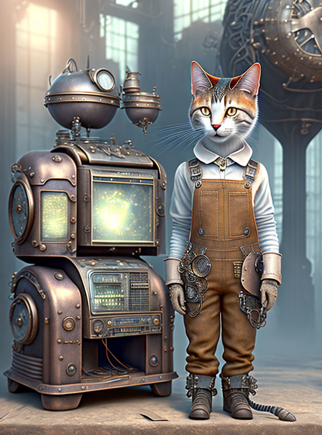 Steampunk anthropomorphic cat in workshop with vintage devices