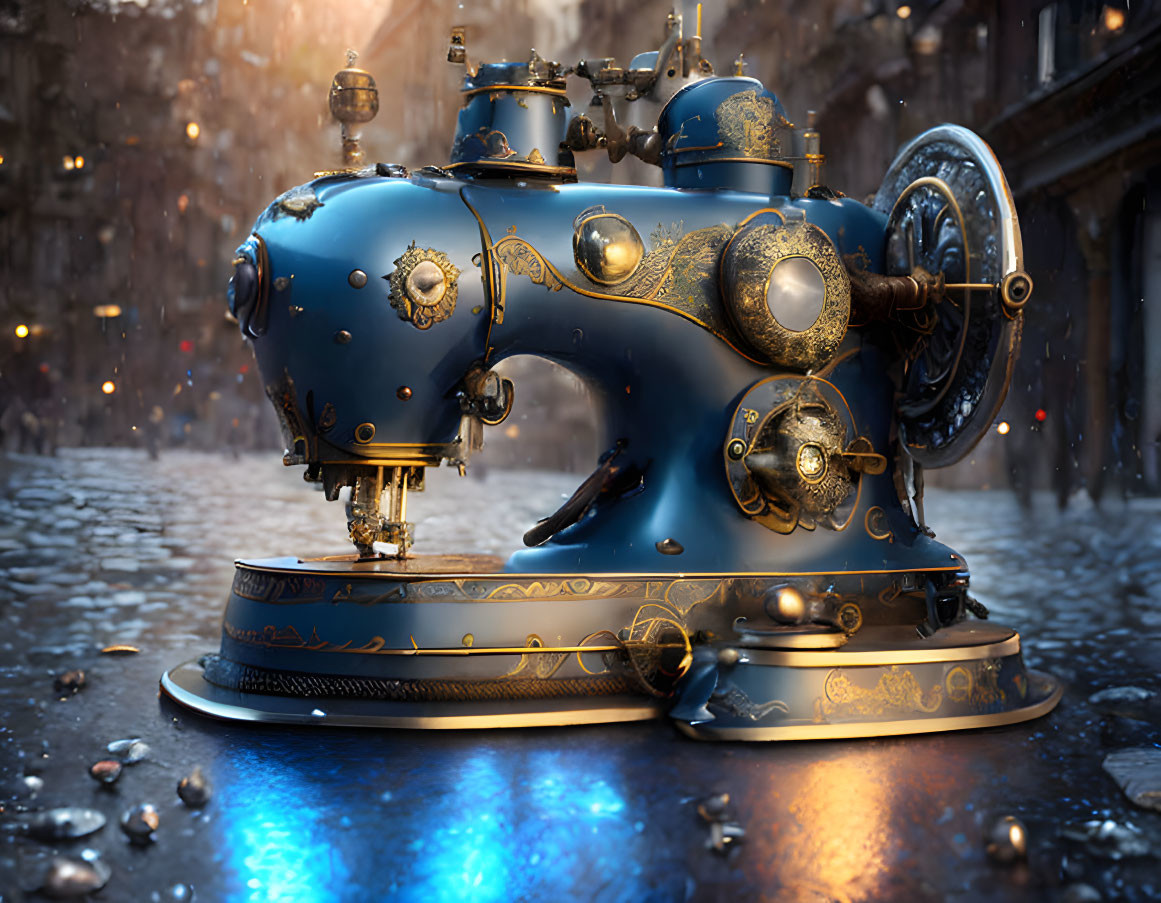 Intricate Steampunk Sewing Machine on Snowy City Street