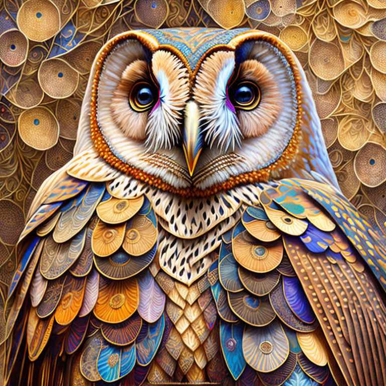 Detailed Digital Artwork: Vibrant Owl with Colorful Feathers & Purple Eyes