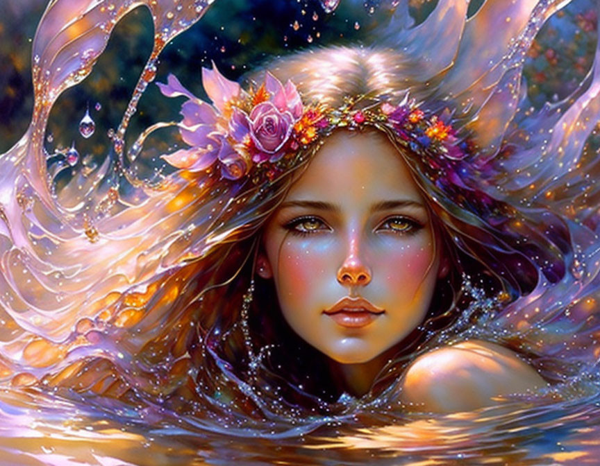 Fantasy image of woman with swirling ethereal hair in water, wearing floral crown.