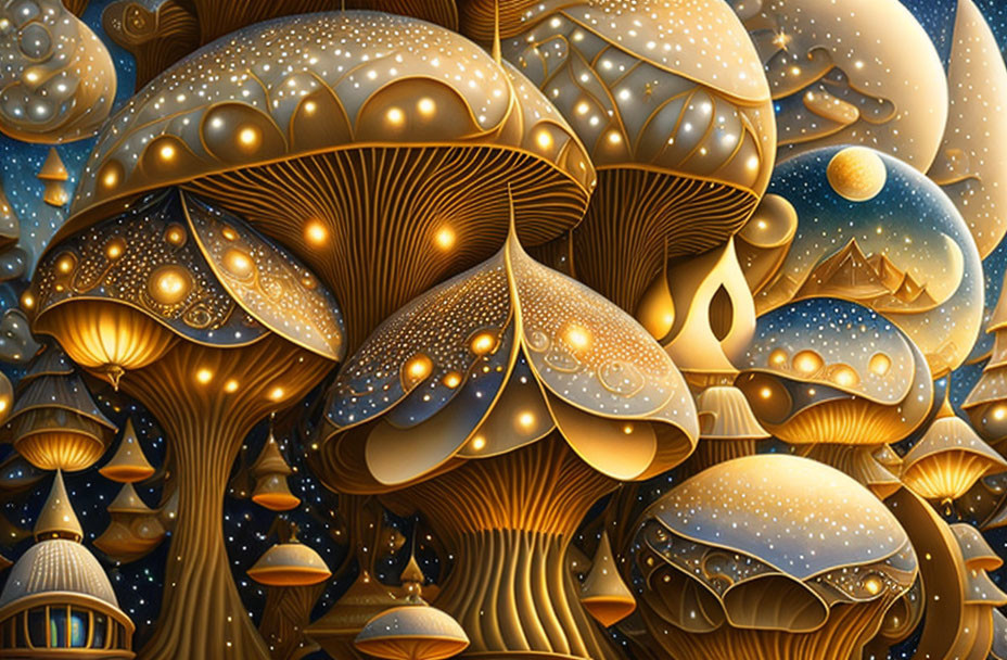 Golden bioluminescent mushrooms in night sky with stars