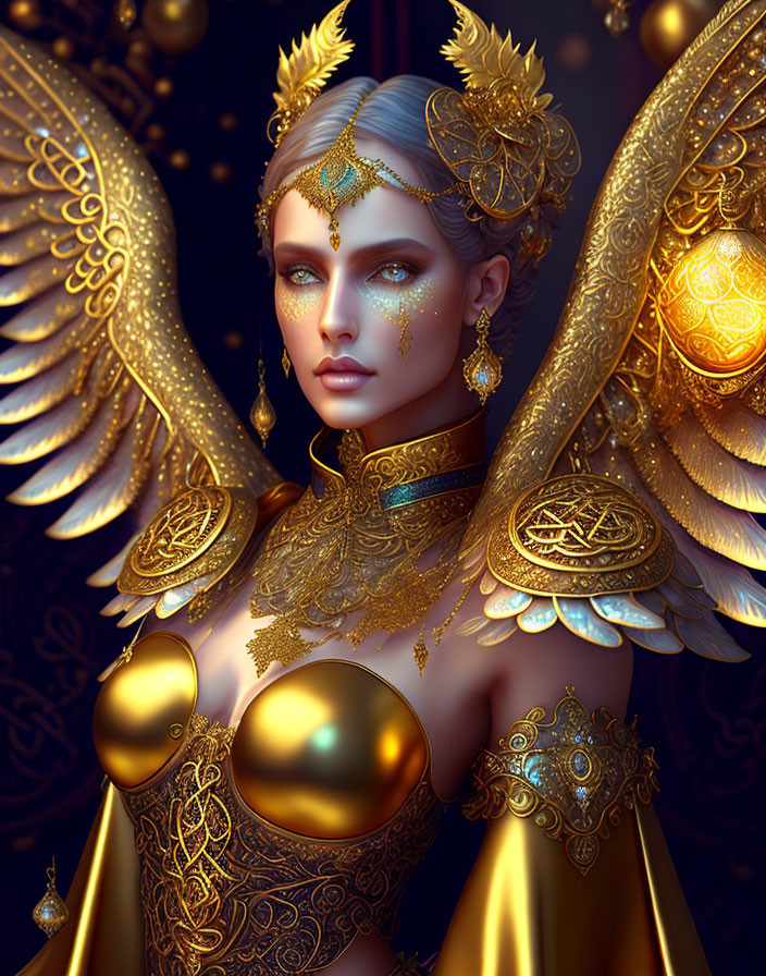 Person adorned in golden wings and armor with intricate designs and mystical glow