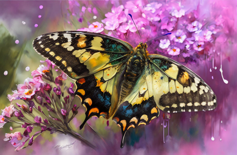 Colorful Butterfly Resting on Pink Flowers in Dreamy Background